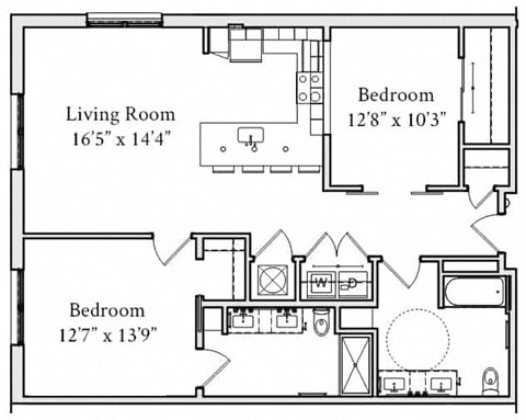 Floor plan for 2 beds, 2 baths, 1135 sqft
